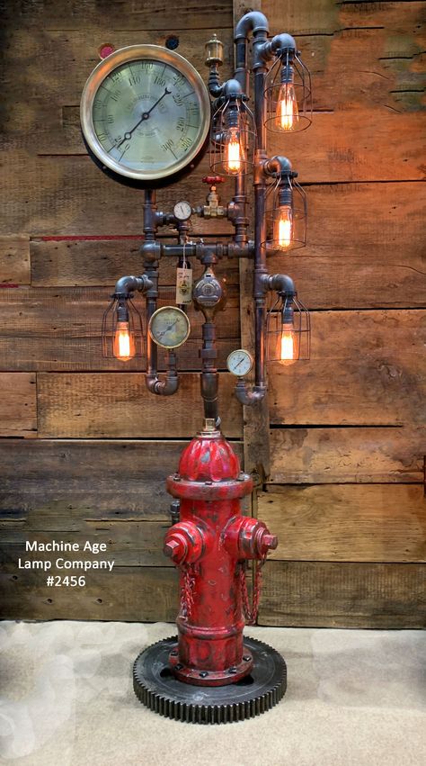 Steampunk Industrial Fire Hydrant, Steam Gauge Floor Lamp #2456 Steampunk Floor Lamp, Fire Hose Crafts, Antique Drafting Table, Diy Nautical Decor, Steampunk Home Decor, Steampunk House, Steampunk Lighting, Steampunk Industrial, Drafting Table