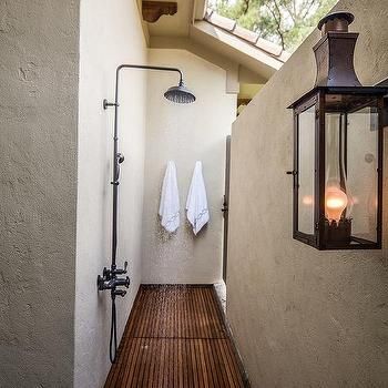 Teak Door Design, Shower Floor Ideas, Shower Nook, Transitional Home Exterior, Bronze Shower Head, Teak Door, Mosaic Shower Tile, Outdoor Shower Kits, Tuscan Interior