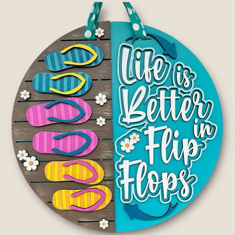 Start Your Week Inspired: When is life better? When you're in flip flops of coarse! Check out our latest designs fresh from the workshop! #MondayMotivation July 14th, Round Door, Door Sign, Door Signs, Door Hanger, Door Hangers, Flip Flop, Door Wreaths, Acrylic Paint