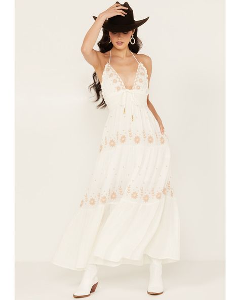 Free People Women's Real Love Maxi Dress, Ivory I'm The Worst, Three Tiered Skirt, Western Aesthetics, Cotton Gauze Fabric, Boot Barn, Skirts With Boots, Boho Girl, Embroidered Maxi Dress, Todays Outfit