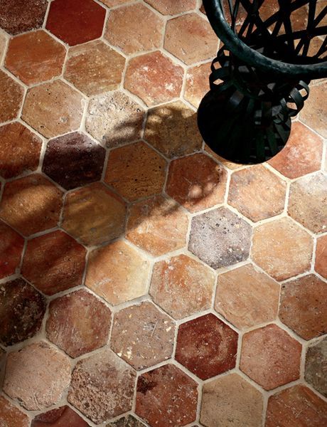 Terra Cotta Flooring, Terra Cotta Floors, Terracotta Flooring, Hexagonal Tiles, Tiled Floor, Modern Elements, Terracotta Tiles, French Country House, French House