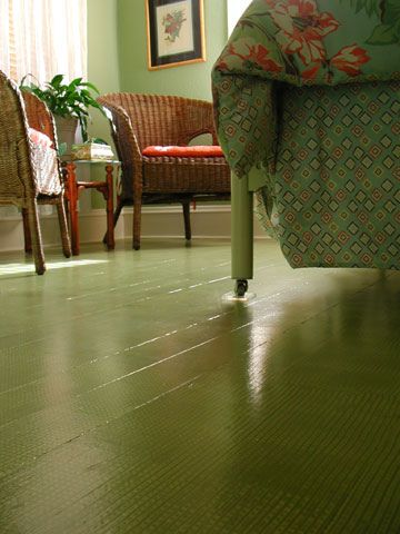 green painted wood floor...so want to do this!! Painted Green Floor, Painted Wooden Floors Colour, Green Painted Wood Floors, Painting Subfloor, Green Painted Floors, Colorful Flooring, Painted Wood Deck, Painted Wood Floor, Painted Wooden Floors