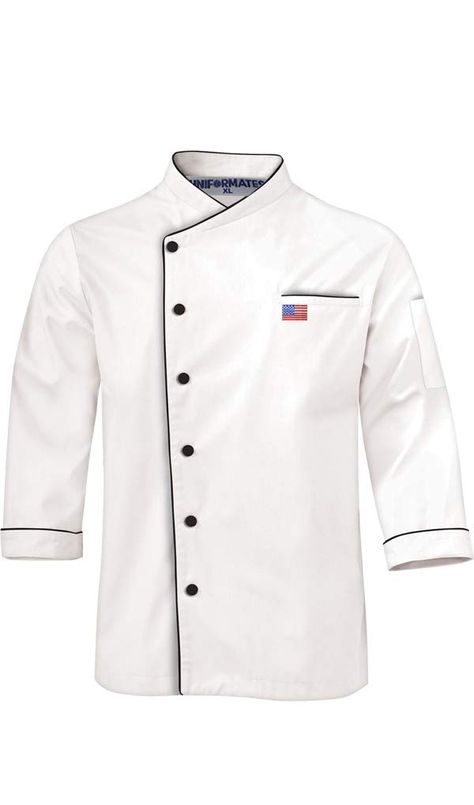 PRICES MAY VARY. Polyester/Cotton Button closure Hand Wash Only Culinary Chef Jacket for Men and Women- An ideal Unisex Chef Uniform for Executive Chef, Line Chef, Caterers and a wonderful Gift for chef Wear Your country- American Flag embroidered on the jacket. Get your name embroidered on this jacket- Message us the name upon purchasing the item. Poly/Cotton blend- This Poly cotton blended cloth gives you comfort and Cool feel while working in the hot Kitchen 1 Pocket on Left Chest and 1 Therm Chef Uniforms Design, Chefs Jacket Design, Chef Coat Design Men, Chef Uniform Design Men, Chef Uniform Women, Cleaner Uniform, Chef Coat Design, Chef Jackets Women, Chef Jackets Design