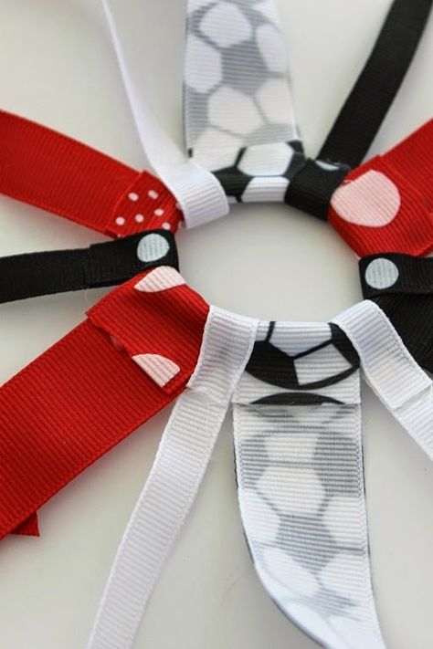 Diy Volleyball Hair Ribbons, Diy Hair Ribbons For Sports, Soccer Hair Ribbons, Ponytail Holders Diy, Volleyball Diy, Hair Ribbons Diy, Diy Barrettes, Sports Bows, Soccer Ribbon