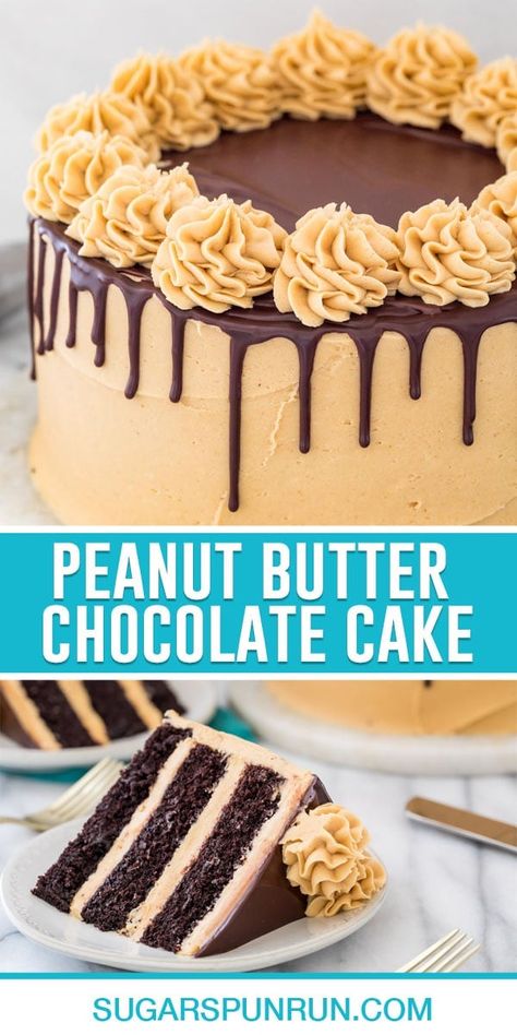 Peanut Butter Chocolate Cake - Sugar Spun Run Peanut Butter Chocolate Cake, Butter Chocolate Cake, Specialty Desserts, Chocolate Ganache Drip, Peanut Butter Frosting Recipe, Sugar Spun Run, Ganache Drip, Chocolate Peanut Butter Recipes, Peanut Butter Icing