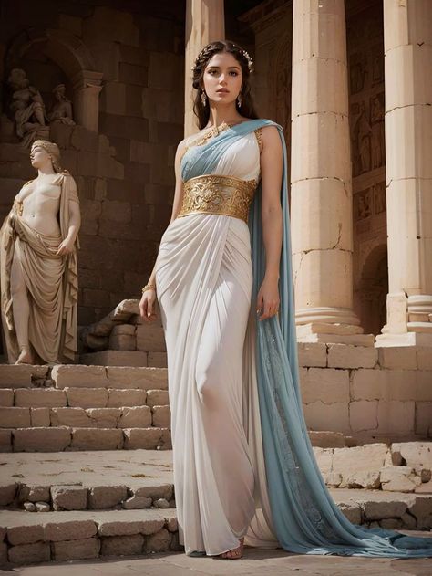 Greek Style Clothing, Helen Of Troy Costume, Greek Goddess Dress Aesthetic, Helen Of Troy Art, Elegant Traditional Dresses, Helen Of Troy Aesthetic, Goddess Aesthetic Outfit, Greek Mythology Outfits, Poses Reference Standing