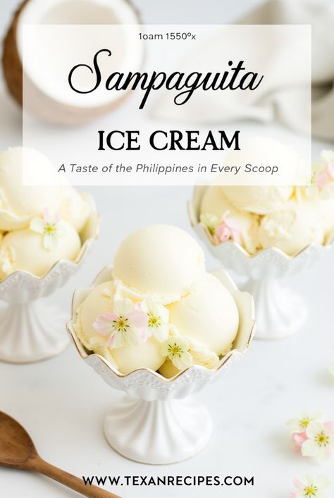 Experience the delicate floral flavors of Sampaguita Ice Cream, a unique Filipino-inspired treat! 🌸 Made with rich coconut milk, fresh cream, and the fragrant essence of sampaguita (Philippine jasmine), this creamy and aromatic dessert is a refreshing tropical indulgence. Perfect for warm days or a special sweet treat! ☀️🍨 Full recipe at www.texanrecipes.com 👇 Filipino Ice Cream, Coconut Milk Dessert, Texas Traditions, Floral Ice, Cowboy Cookies, Coconut Milk Recipes, Ice Cream Base, National Flower, Ice Cream Recipe