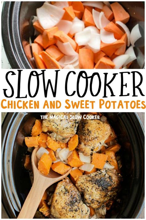 Chicken And Sweet Potato Recipe Healthy, Sweet Potato Crockpot Recipes, Sweet Potato Crockpot, Potato Crockpot Recipes, Crockpot Sweet Potato Recipes, Potato Crockpot, Autumn Chicken, Potato Recipes Crockpot, Crock Pot Sweet Potatoes