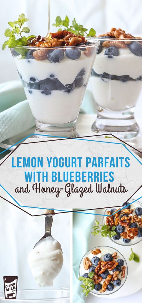 Lemon Yogurt Parfaits with Blueberries and Honey-Glazed Walnuts, perfect for brunch. Lemon Yogurt Parfait, Honey Glazed Walnuts, Cheesecake Parfait Recipes, Glazed Walnuts, Cheesecake Parfaits, Honey Yogurt, Lemon Yogurt, Healthy Blueberry, Yogurt Parfait