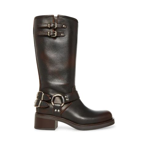 AXELLE Brown Leather Knee High Boot | Women's Boots – Steve Madden Boots With Buckles, Biker Shorts Outfit, Steve Madden Store, Steve Madden Boots, Boots Platform, Buckle Boots, 2 Inch Heels, Biker Boots, Brown Leather Boots