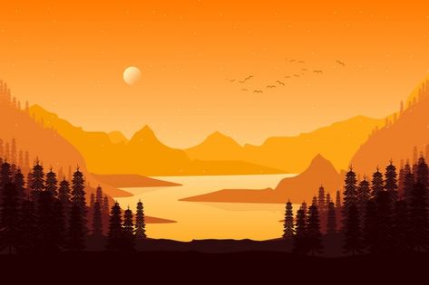 Pine forest landscape in evening sunset ... | Premium Vector #Freepik #vector #tree #travel #wood #star Poster Silhouette, Travel Wood, Kids Room Wall Murals, Landscape Silhouette, Sky Illustration, Drawing Help, Mountain Sky, Evening Sunset, Landscape Plan