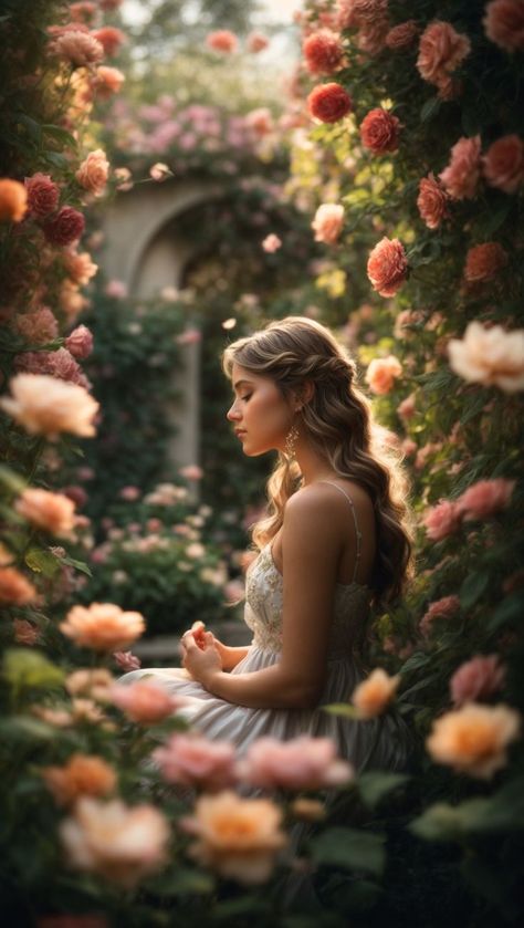 In the embrace of nature's beauty, a radiant young muse sits amidst a garden blooming with resplendent roses. Girl In Nature, Garden Of Roses, Fairytale Photoshoot, Fairy Photoshoot, Lake Photoshoot, Conjoined Twins, Images Of Mary, Romantic Woman, Elegant Photo