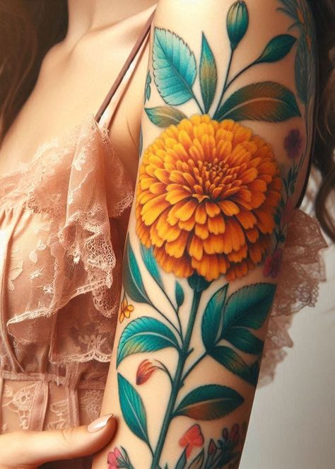 Birth Flower Tattoo Bliss: Stunning Designs | Pocoko Orange Marigold Tattoo, Marigold Tattoo October, October Birth Flower Tattoo Marigold, Cutesy Tattoos, Marigold Flower Tattoo, November Birth Flower Tattoo, Violet Flower Tattoos, Traditional Tattoo Woman, Marigold Tattoo