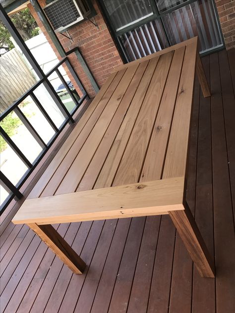 Recycled hardwood timber outdoor dining table Outdoor Wooden Tables, Outdoor Wooden Dining Table, Dinning Table Diy, Outdoor Dining Table Diy, Outdoor Dinning Table, Forest Themes, Wood Outdoor Dining Table, Handmade Wood Furniture, Terrace Furniture