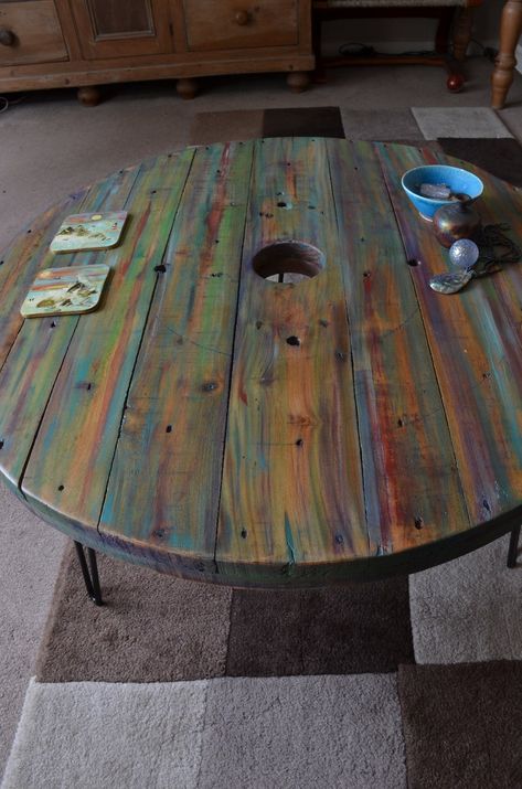 Multi Coloured Old Boat Wood Style Spool Coastal Coffee Table | Etsy Canada Remaking Furniture, Wood Spool Tables, Wooden Spool Tables, Wooden Spool Projects, Cable Spools, Spool Ideas, Spool Table, Coastal Coffee Table, Spool Furniture