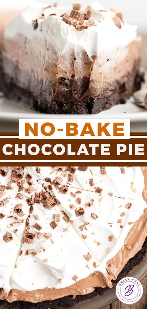 No Bake Chocolate Pudding Pie - Belly Full No Bake Vanilla Pudding Pie, No Bake Chocolate Pudding Pie, Vanilla Pudding Pie, Baked Chocolate Pudding, Chocolate Pudding Pie, Homemade Pie Recipes, Chocolate Pie With Pudding, Baking Recipes Pie, Pudding Pie