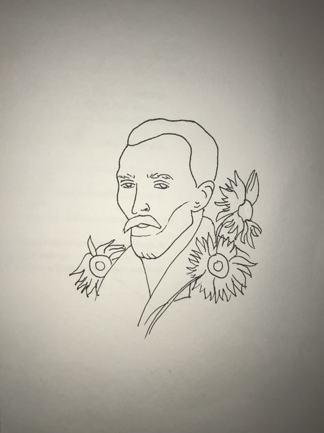 Van Gogh Simple Drawing, Van Gogh Line Drawing, Minimalist Van Gogh Tattoo, Almond Blossom Tattoo, Vincent Van Gogh Tattoo, Robin Williams Art, Sunflowers Tattoo, Van Gogh Tattoo, Tattoo Van