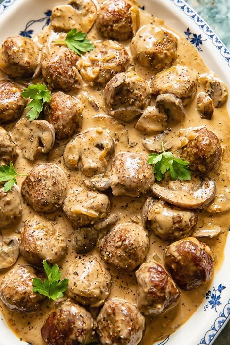 Meatballs And Mushrooms Recipe, Chicken Meatballs Mushroom Sauce, Meatballs Mushroom Pasta, Meatballs In Creamy Mushroom Sauce, Meatballs And Mushroom Sauce, Meatballs Stroganoff Easy, Swedish Meatballs With Mushrooms, Meatball Mushroom Stroganoff, Mushroom Sauce Meatballs