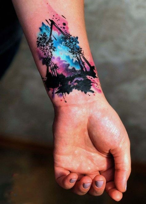 Unique & Cute Travel Tattoo Ideas For Women Unique Watercolor Tattoo, Tree Tattoos For Women, Rose Tattoo Forearm, Wrist Tattoo Cover Up, Tattoo Thoughts, Colorful Tattoo, Hyper Realistic Tattoo, Tattoo On Forearm, Galaxy Tattoo