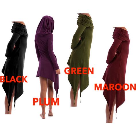 Pixie Hood Dress Assorted Colours Elf Dress Fairy Dress Uneven Hem... ($58) ❤ liked on Polyvore featuring black, dresses and women's clothing Goa Dress, Hood Dress, Pagan Clothing, Elf Dress, Lycra Dress, Steampunk Dress, Dress Fairy, Pixie Dress, Witch Dress