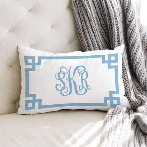 SKR Sky Blue Greek Key Script Monogram Lumbar Pillow Girl Dorm Decor, Sorority Decorations, Throw Pillows Dorm, College Bedroom Decor, Dorm Pillows, Dorm Decoration, Girly Preppy, Monogram Pillows, Script Monogram