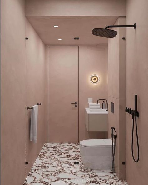 Meoded Paint & Plaster on Instagram: "Blush Bathrooms💗 Our Concretta plaster flows through this space adding warmth & texture on the walls, ceilings, doors & cabinets. Beautifully designed by @annadesignla   Color - Flow Finish - Concretta  #meoded #meodedpaint #meodedplaster #microcement #waterproofplaster #concretta" Microcement Bathroom Small, Microcement Bathroom Design, Ceiling Paint Bathroom, Painted Ceiling Bathroom, Meoded Paint, Microcement Bathroom, Blush Bathroom, Microcement Walls, Waterproof Plaster