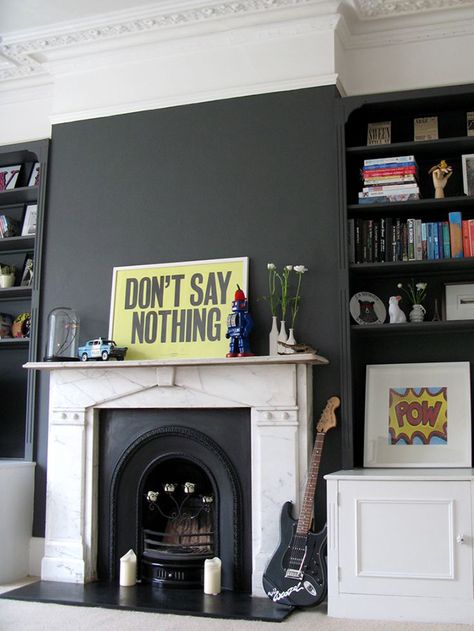 black shelving Alcove Shelves, Dark Grey Living Room, Grey Fireplace, Alcove Shelving, Fireplace Feature Wall, Victorian Living Room, Dark Grey Walls, Victorian Fireplace, Say Nothing