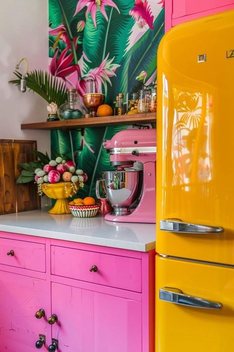 Refrigerator Cabinet Ideas: Chic Kitchen Storage Refrigerator Cabinet Ideas, Aesthetic Refrigerator, Above Fridge Cabinet, Above Fridge, Custom Built Cabinets, Tropical Kitchen, Clutter Free Kitchen, Refrigerator Cabinet, Colorful Eclectic