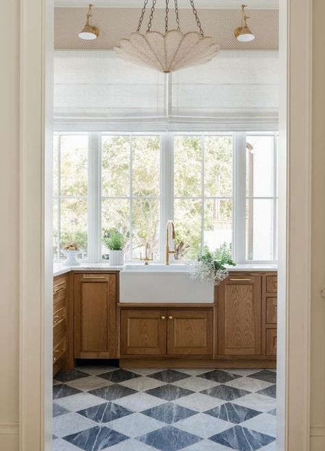 Light filled prep area with farm sink and checkered floor - Kate Marker Interiors. Nancy Meyers Movies, Kate Marker Interiors, Brown Kitchen Cabinets, Brown Kitchens, Fixer Upper Style, Farmhouse Sink, Interior Projects, Fixer Upper, Interior Design Inspiration