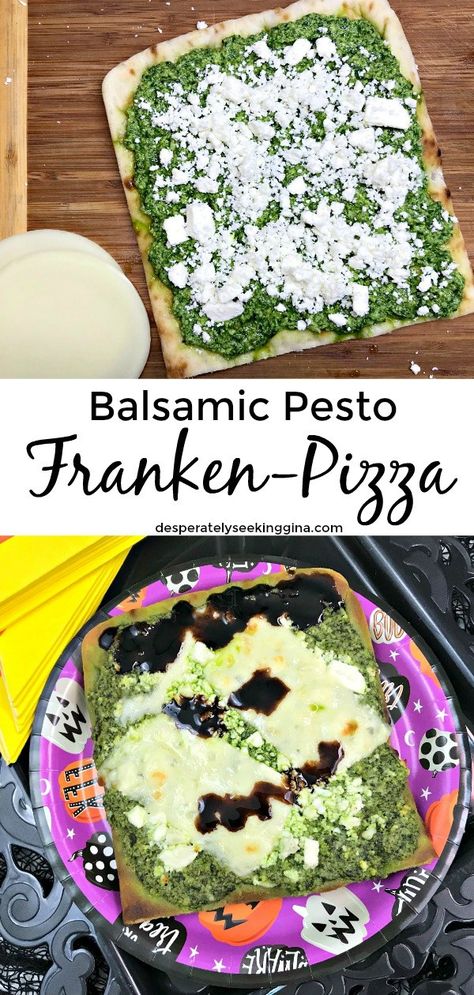 Balsamic Pesto Pizza on flatbread is a fun way to invite Frankenstein over for an adult Halloween dinner! #halloweenfood #pestopizza Halloween Flatbread, Cute Halloween Food, Enchanted Halloween, Pesto Bread, Pesto Pizza, Fun Halloween Food, Homemade Pesto, Halloween Dinner, Halloween Food For Party