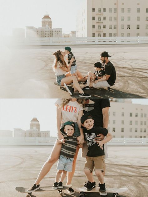 Casual Downtown Family Photoshoot, California Family Photos, Downtown Rooftop Family Photoshoot, Downtown Family Photoshoot Outfits, Vans Family Pictures, Skate Family Photoshoot, Street Wear Family Photoshoot, Family Photos Parking Garage, Punk Family Photoshoot