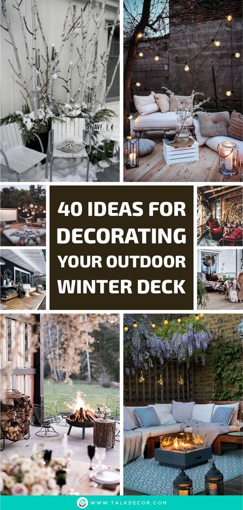 Let's talk about the detailed things that you can add to your deck to give you comfort during winter. For the facilities, it can't be doubted that winter need something to warm you body like fireplace or fire pit. However, you should be careful with the design because the deck is made of wood that can be burn easily. Just don't waste your time and check the following images for your inspiration. #outdoorwinterdeckdecoration #outdoorwinterdecor Winter Outdoor Space, Winter Fire Pit Ideas, Christmas Deck Decorations, Winter Outdoor Patio Ideas, Decorating Deck For Christmas, Winter Terrace Ideas, Outdoor Winter Party Ideas Backyards, Patio Winter Decor, Winter Deck Decorating Ideas