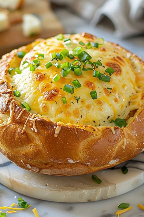 Bread Bowl Dip Cheesy Bread Bowl, Cheese Dip Bread Bowl, Bread Bowl Filling Ideas, French Bread Bowl Recipe, Cheese Dip In Bread Bowl, Bread Bowl Recipes, Garlic Cheese Dip, Sourdough Bread Bowl Recipe, Garlic Bread Bowl