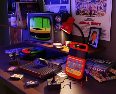 My rendering of a 1980s retro game room with some vintage toys thrown in for good measure. Retro Room Ideas 1980s Vintage, 80s Game Room, Vintage Toys Aesthetic, Old Video Games Aesthetic, Retro Game Aesthetic, 1980s Room, Retro Gaming Aesthetic, Retro Room Ideas 1980s, Retro Gaming Setup