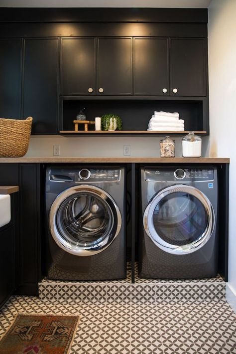 Black Cabinetry, Laundry Room Paint Color, Laundry Room Paint, Black Laundry, Tiny Laundry Rooms, Split Rock, Dream Laundry Room, Laundry Room Renovation, Laundry Design