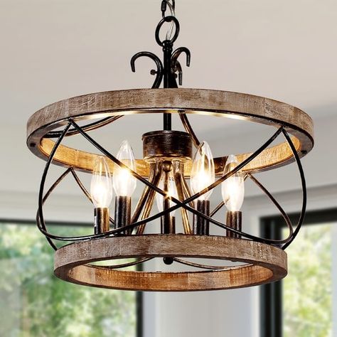 Chichoice Wood Cage Farmhouse Rustic Chandelier Dimmable 5-Light Pendant Adjustable Vintage Lighting for Kitchen Dining Room - On Sale - Bed Bath & Beyond - 39681280 Foyer Ceiling Ideas, Contemporary Kitchen Lighting, Drum Light Fixture, Foyer Ceiling, Drum Ceiling Light, Wood Chandelier Rustic, Entryway Chandelier, Cottage Lighting, Rustic Light Fixtures