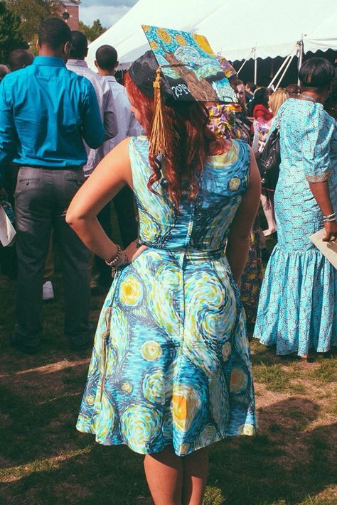 This is my graduation! I am an art education major, and starry night is my favorite painting! I painted my cap, and found this perfect dress on #modcloth! Campus Activities, Types Of Education, Education Major, Art Major, College Courses, Graduation Cap Decoration, Cap Decorations, Online College, Grad Cap