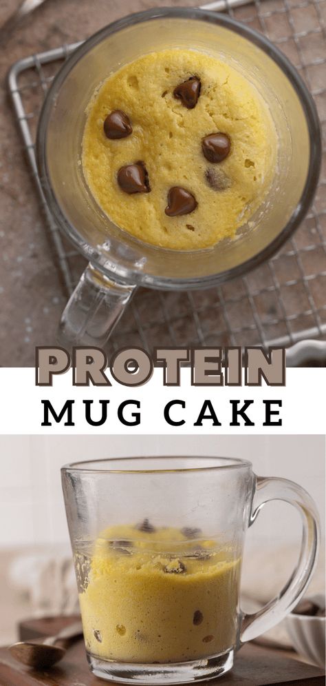 This is an easy protein mug cake recipe that uses whey protein to increase the protein content of the cake. It is delicious and easy to make! Protein Powder Cake Recipe, Protein Mug Cake Recipe, Protien Mug Cake, Cake With Chocolate Chips, Protein Mug Cake, Banana Bread Mug, Whey Protein Recipes, Baking With Protein Powder, Chocolate Chip Mug Cake