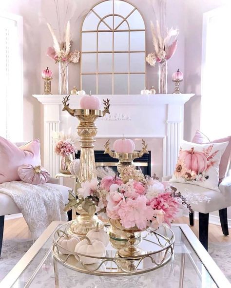 60 Fun Fall Decorating Ideas - Best Autumn Home Decor Ideas | Apartment Therapy French Country Decorating Living Room, Glam Living Room Decor, Girly Apartment Decor, Decoration Shabby, Fall Decorating Ideas, Pink Fall, Glam Living Room, Home Decor Ideas Living Room, Pink Decor