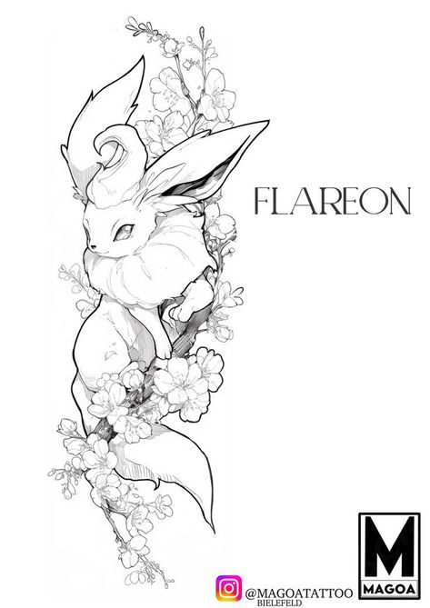 Flareon wannado ready for tattooing at a discounted price Floral Pokemon Tattoo, Flareon Tattoo, Pokemon Flash Tattoo, Eevee Tattoo, Flareon Pokemon, Pokemon Tattoos, Pokemon World, Sticker Tattoo, Geek Tattoo