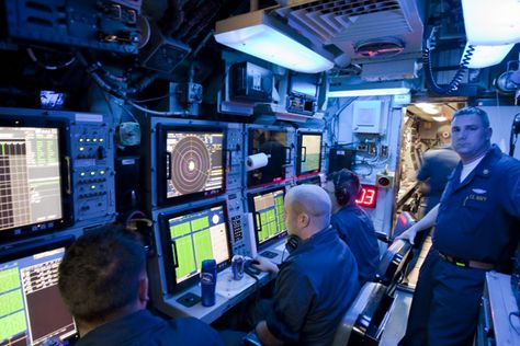 The sonar room or "shack" aboard a nuclear submarine. Nautical Terms, Nuclear Submarine, Sci Fi Environment, Control Panels, United States Military, Nuclear Power, Yellow Submarine, Navy Ships, Countries Of The World