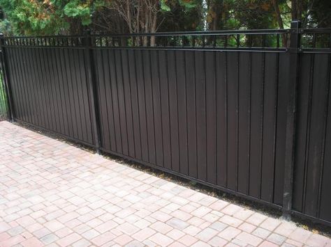 Privacy slats in ornamental iron fence Iron Privacy Fence, Privacy Slats, Rod Iron Fences, Iron Fence Gate, Iron Fences, Wrought Iron Fence, Fence Privacy, Pergola Curtains, Rod Iron