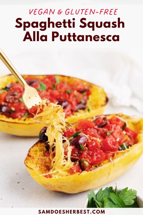 Spaghetti Squash Alla Puttanesca is a rich, robust vegan meal that is low in carbs and gluten-free!  Made with lots of garlic, tomatoes, olives, and capers, this is a simple and easy dinner that is healthy and delicious! Maple Tahini Dressing, Vegan Spaghetti Squash, Puttanesca Recipe, Light Pasta Dishes, Vegetarian Spaghetti, Alla Puttanesca, Vegan Spaghetti, Light Pasta, Gluten Free Spaghetti