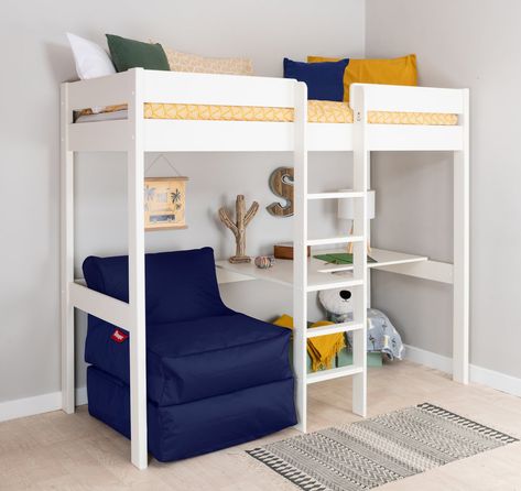 Stompa White High Sleeper Bed, Desk & Navy Chairbed £759.00 @ Argos High Sleeper With Desk, White Kids Bed, High Sleeper Bed, High Sleeper, Bed With Desk, Sleeper Bed, Cabin Bed, High Beds, Kids Mattress