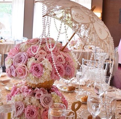 Party ideas Bridal Brunch Decorations, Umbrella Centerpiece, Enchanted Forest Baby Shower, Fancy Baby Shower, Pearl Bridal Shower, Paris Theme Wedding, Flower Backdrop Wedding, Lace Umbrella, Umbrella Decorations