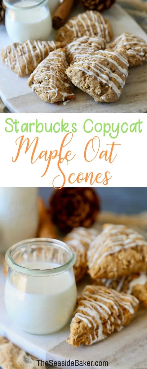 Starbucks Maple Oat Scones, Maple Scones Recipe, Starbucks Scones, Oat Scones Recipe, Fruit Scones Recipe, Oatmeal Scones, Oat Scones, British Scones, White Chocolate Drizzle