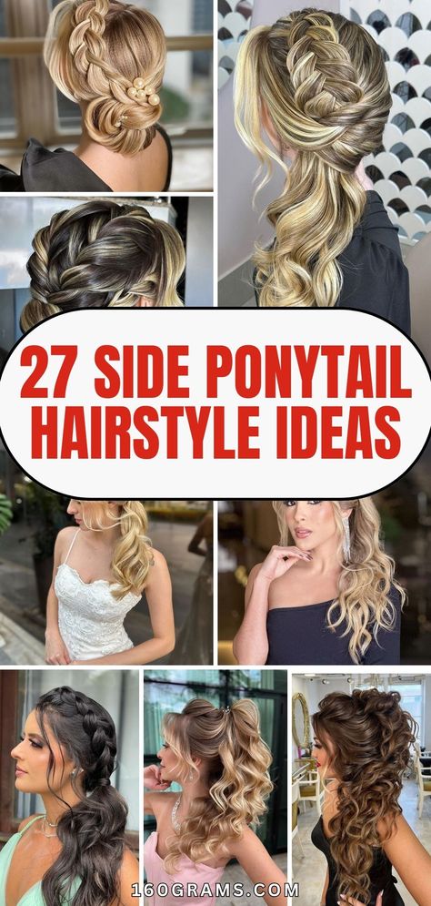 Save this pin for 27 flirty and fun side ponytail ideas that will take your style game to the next level! Perfect for any occasion, from casual to formal. #hairstyle #sideponytail #fashionblog Hoco Hairstyles Ponytail, Boho Ponytail Hairstyles, One Side Pinned Back Hair Wedding, Side Swept Wedding Hair, Side Ponytail Wedding Hairstyles, Side Ponytail Wedding, Side Up Hairstyles, Formal Ponytail, Bridesmaid Hairdo