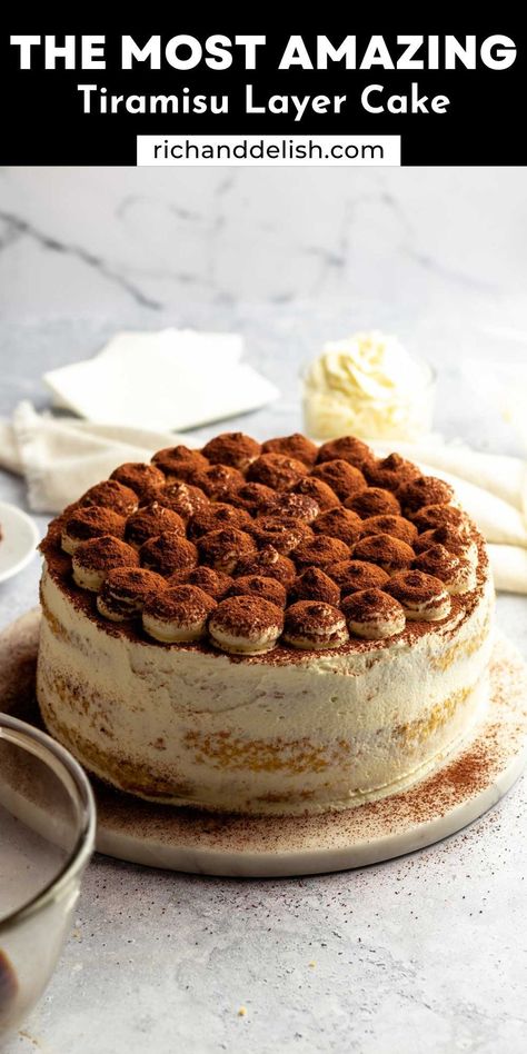 This tiramisu cake is made with genoise cake layers soaked with espresso and filled with creamy and silky mascarpone cream, then topped with plenty of cocoa powder. Tiramisu Layer Cake Recipe, Taramusue Cake, Chocolate Tiramisu Cake, Tiramisu Cake Design, Easy Tiramisu Cake, Cake With Mascarpone Cream, Holiday Recipes Christmas Desserts, Tiramisu Recipes, Genoise Cake