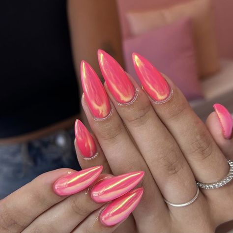 Neon Pink And Gold Nails, Hot Pink Chrome Nails Almond, Chrome Hot Pink Nails, Neon Pink Chrome Nails, Pink Crome Nail, Chrome Nails Neon, Hot Pink Nails Acrylic, Neon Chrome Nails, Hot Pink Chrome Nails