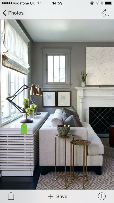 Radiator covers that act like a console table behind the sofa. Love how you can put nice reading lamps, candles, flowers, photo frames etc. Radiators Living Room, Modern Radiator Cover, Best Radiators, Home Radiators, Living Room Transitional, Radiators Modern, Modern Blinds, Living Room Blinds, Blinds Design